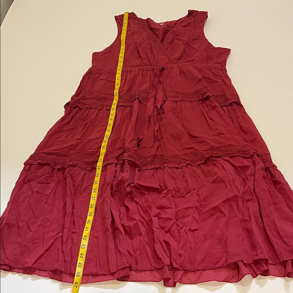 Sundance Zura Silk Blend Sleeveless Tiered Dress in Wine Red with Tie Waist - Picture 6 of 9